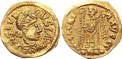 Migration Period Visigoths, Pseudo-Imperial AV Tremissis. Uncertain mint, AD 466-484. In the name of Libius Severus. D N SEVIRVS P AVG, pearl-diademed, draped and cuirassed bust to right / VICTORIA AV