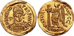 Migration Period Pseudo-Imperial, Odovacar (Odoacer) AV Solidus. In the name of Zeno. Ravenna, AD 476-489. D N ZENO PERP AVG, pearl-diademed, helmeted and cuirassed bust facing slightly to right, hold