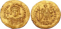 Byzantine Justinian I AV Solidus. Rome, AD 540-542/3. D N IVSTINIANVS P P AVG, helmeted and cuirassed bust facing, holding globus cruciger and shield decorated with horseman motif / VICTORIA AVGGG A, 