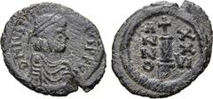 Byzantine Justinian I Æ 10 Nummi. Uncertain Italian mint (Perugia?). Dated RY 26 = AD 552/3. D N IVSTINIANVS P P AVC, diademed, draped and cuirassed bust to right / Large I; ANNO to left, XXVI to righ