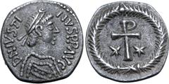 Byzantine Justin II AR 1/3 Siliqua (250 Nummi). Ravenna, AD 567-578. D N IVSTINVS P P AV, diademed bust to right, wearing ornamental robe / Staurogram; star to left and right; all within wreath. BCI 1