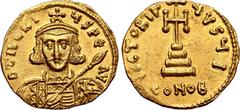 Byzantine Tiberius III Apsimar AV Solidus. Constantinople, AD 698-705. D TIBERIVS PE AV, crowned and cuirassed bust facing, with short beard, holding spear and shield decorated with horseman motif / V