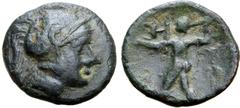 GREEK Arkadia, Mantinea Æ Trichalkon. Circa 290-270 BC. Head of Athena to right, wearing crested Attic helmet / Poseidon striding to left, left arm outstretched and hurling trident with right. BCD Pel