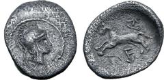 GREEK Dynasts of Lykia, Hñtruma AR Hemiobol. Kadyanda mint, circa 410-390 BC. Head of Athena to right, wearing crested Attic helmet / Horse galloping to left, Lykian legend above and below; all within