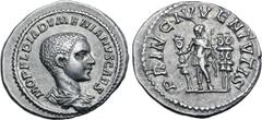 ROMAN IMPERIAL Diadumenian, as Caesar, AR Denarius. Rome, AD 217-218. M OPEL ANT DIADVMENIAN CAES, bare-headed and draped bust to right / PRINC • IVVENTVTIS, Prince standing facing, head to right, hol