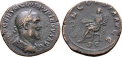 ROMAN IMPERIAL Pupienus Æ Sestertius. Rome, AD 238. IMP CAES M CLOD PVPIENVS AVG, laureate, draped and cuirassed bust to right / CONCORDIA AVGG, Concordia seated to left, holding patera and double cor