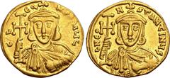 BYZANTINE Constantine V Copronymus, with Leo III, AV Solidus. Constantinople, AD 742-745. C LЄON P A MЧL, crowned and draped bust of Leo facing, holding cross potent and akakia / C N CONSƮANƮINЧS, cro
