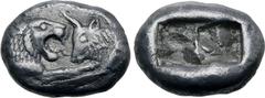 Greek Kingdom of Lydia, Kroisos AR 1/3 Stater. Sardes, circa 561-546 BC. Confronted foreparts of lion to right and bull to left / Two irregular incuse squares. GRPC Lydia S5; SNG Keckman 359; Boston M