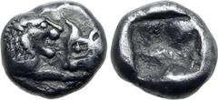 Greek Kingdom of Lydia, Kroisos AR 1/12 Stater. Sardes, circa 561-546 BC. Confronted foreparts of lion to right and bull to left / Incuse square. GRPC Lydia S8; SNG Kayhan 1020-21; SNG von Aulock 2880