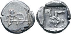 Greek Pamphylia, Aspendos AR Stater. Circa 465-430 BC. Helmeted, nude hoplite advancing to right on dotted ground line, wearing crested helmet and holding shield and spear / Triskeles; EΣT above; belo