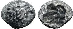 Greek Persia, Achaemenid Empire AR 1/48 Stater. Time of Kyros - Darios I, in the types of Kroisos. Sardes, circa 550-520 BC. Head of roaring lion to right / Irregular incuse punch. GRPC Lydia S13 = Na