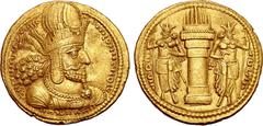 Greek Sasanian Kingdom, Shapur I AV Dinar. Mint I ("Ctesiphon"), Phase 2, circa AD 260-272. Draped bust to right, wearing diadem and mural crown surmounted by korymbos / Fire-altar flanked by two atte