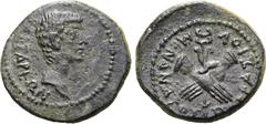 Roman Provincial Augustus Æ 17mm of Tralles, Lydia. 27 BC-AD 14. Menandros Parrhasiou, magistrate. KAIΣAPEΩN, bare head to right / ΜΕΝΑΝΔΡΟΣ [ΠΑΡΡ]ΑΣΙΟΥ, clasped hands holding a winged caduceus. GRPC 