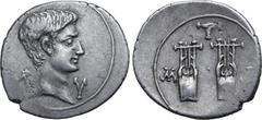 Roman Provincial Augustus AR Drachm of Masicytus, Lycia. 27-20 BC. Bare head to right; Λ-Υ across fields / Two citharas, pellet between, plectrum above and M-A to left and right. RPC I 3309c; SNG von 