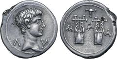 Roman Provincial Augustus AR Drachm of Masicytus, Lycia. 27-20 BC. Bare head to right; Λ-Υ across fields / Two citharas, pellet between, plectrum above and M-A to left and right. RPC I 3309c; SNG von 