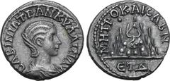 Roman Provincial Tranquillina (wife of Gordian III) AR Drachm of Caesarea, Cappadocia. Dated RY 4 = AD 241. CABINIA TPANKVΛΛIN AV, draped bust to right / MHTPO KAIC A B N Є, Mount Argaeus, pellet in l