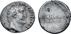 Roman Imperatorial Marc Antony and M. Junius Silanus AR Denarius. Athens, 32 BC. ANTON•AVG•IMP•III•COS•DES•III•III•V•R•P•C•, bare head of Mark Antony to right; small P (engraver's signature) in hair b