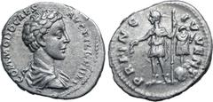 Roman Imperial Commodus, as Caesar, AR Denarius. Rome, AD 172-175. COMMODO CAES AVG FIL GERM, bare-headed and draped bust to right / PRINC IVVENT, prince standing to left, holding branch in right hand