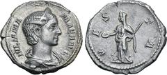 Roman Imperial Julia Mamaea (mother of S. Alexander) AR Denarius. Rome, AD 226. IVLIA MAMAEA AVG, draped bust to right, wearing stephane / VESTA, Vesta standing facing, head to left, holding palladium