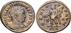 Roman Imperial Galerius BI Nummus. Treveri, AD 307. IMP MAXIMIANVS P F AVG, laureate and cuirassed bust to right / GENIO POP ROM, Genius, wearing modius on head, standing to left, holding cornucopiae 