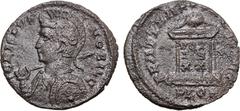 Roman Imperial Crispus, as Caesar, BI Nummus. London, AD 323-324. CRISPVS NOBIL C, helmeted, draped and cuirassed bust to right, holding spear and shield / BEAT TRANQLITAS, globe on altar inscribed VO