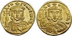 Byzantine Constantine V Copronymus, with Leo III, AV Solidus. Constantinople, AD 742-745. C LЄON P A MЧLT, crowned and draped bust of Leo facing, holding cross potent and akakia / b N CONSƮANƮINЧS, cr