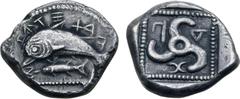 Paduans Electrotype: Dynasts of Lycia, Thap... or Path... (?) AR Stater. Possible Bibliothèque nationale de France electrotype. Antiphellos, circa 470-460 BC. Dolphin leaping to left above fish swimmi