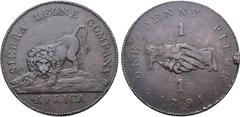 Medieval & World Sierra Leone, British Colonial. George III CU Penny Token. 1791. SIERRA LEONE COMPANY, lion crouching facing forward; AFRICA in exergue / ONE PENNY PIECE, 1 above and below clasping h