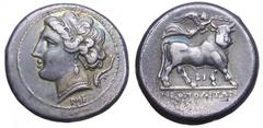 Campania, Neapolis AR Didrachm. 275-250 BC. Diademed bust of Parthenope left, dolphin behind, ME below / Androcephalic bull to right being crowned by Nike flying right. Rutter, Historia Numorum 586, S
