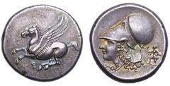 Corinthia, Corinth AR Stater. 375-300 BC. Pegasus flying left / Helmeted head of Athena left; D-I flanking; behind, Artemis Phosphoros advancing left. Ravel 1077, Pegasi 453, BCD Corinth -, cf. SNG Co