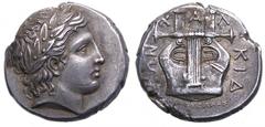 Macedon, Olynthos, Chalkidian League AR Tetradrachm. 420-355 BC. Laureate bust of Apollo right / Kithara with six strings, XALKIDEWN around, magistrate's name EPI ARISTWNOS below. SNG ANS 496, Dewing 