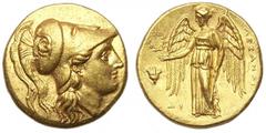 Alexander III, the Great, AV Stater. Memphis, 332 BC. Bust of Athena right, wearing plumed Corinthian helm / Nike standing left, holding wreath and stylis, Rose in left field, DI below. Price 3969.  8