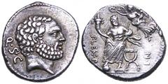 Pub. Lentulus P. f. L. n. Spinther AR Denarius. 71 BC. Bust of Hercules right, Q. S. C behind / P LENT P F L N, Genius of the Roman People seated facing, holding cornucopiae & sceptre; being crowned b