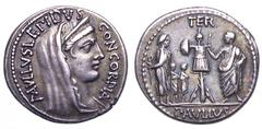 L. Aemilius Lepidus Paullus AR Denarius. 62 BC. Veiled and diademed bust of Concordia right, PAVLLVS LEPIDVS CONCORDIA around / L Aemilius Paullus standing to right of trophy, Perseus and his two sons
