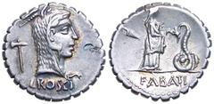 L. Roscius Fabatus AR Denarius Serratus. 59 BC. Bust of Juno Sospita in goat skin, L ROSCI below, pickaxe behind / girl standing right feeding serpent before, knife to left, FABATI in ex. Crawford 412