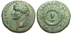 Tiberius Æ Dupondius. Rome, 16-22 AD. TI CAESAR DIVI AVG F AVGVST IMP VIII, laureate bust left / CLEMENTIAE S-C, small bust of Tiberius within laurel wreath; all in the centre of a large shield with p