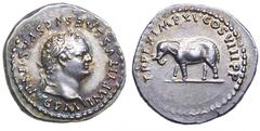 Titus AR Denarius. Rome, 80 AD. IMP TITVS CAES VESPASIAN AVG P M, laureate bust right / TRP IX IMP XV COS VIII PP, elephant walking left. RIC 115, (RIC [1962] 22a), RSC 303, BMC 43. 3.42g, 20mm. GOOD 