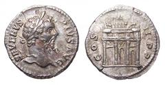 Septimius Severus AR Denarius. Struck circa 206 AD. SEVERVS PIVS AVG, laureate bust right / COS III P P, Triumphal Arch of Septimius of four columns and three arches, surmounted by quadriga between tw