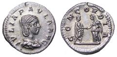 Julia Paula AR Denarius. 219 AD. IVLIA PAVLA AVG, draped bust right / CONCORDIA, Elagabalus and Julia Paula standing, clasping hands. RIC 214, RSC 12, BMC 318. 2.74g, 20mm. FLEUR DE COIN. A superb pie