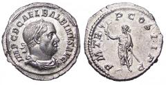 Balbinus AR Denarius. April-July 238 AD. IMP C D C AL BALBINVS AVG, laureate, draped and cuirassed bust right / P M T – R P COS II P P, Balbinus, togate, standing front, head left, holding branch up i