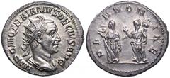Trajan Decius AR Antoninianus. 249-251 AD. IMP C M Q TRAIANVS DECIVS AVG, radiate, draped & cuirassed bust right / PANNONIAE, the two Pannoniae standing front holding standards. RIC 21b, RSC 86. 4.51g