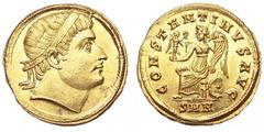 Constantine I AV Solidus. Nicomedia, 324 AD. Diademed bust right, with uplifted gaze / CONSTANTINVS AVG, Victory enthroned left, shield at side, holding cornucopiae and small Victory bearing wreath. R