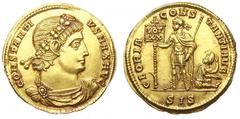 Constantius II AV Solidus. Siscia, 337-340 AD.  CONSTANTIVS MAX AVG, rosette diademed, draped and cuirassed bust left / GLORIA CONSTANTI AVG, emperor, diademed and in military attire, standing facing,