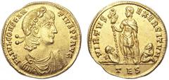 Constantius II AV Solidus. Thessalonica mint, 337-340 AD. FL IVL CONSTANTIVS P F AVG, laureate, draped, and cuirassed bust right / VIRTVS EXERCITVM; TES in exergue. Emperor standing left in military a
