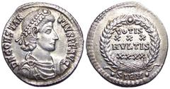 Constantius II AR Siliqua. Sirmium, 351-355 AD. DN CONSTANTIVS PF AVG, pearl diademed, cuirassed and draped bust right / VOTIS XXX MVLTIS XXXX in wreath. SIRM between two dots in exergue. RIC 13, C. -