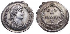 Gratian AR Siliqua. Constantinople, 367-375 AD. D N GRATIANVS P F AVG, pearl-diademed, draped and cuirassed bust right / VOT V MVLT X in wreath. (palm) C (Christogram) S (wreath) in exergue. RIC 36(e)