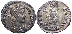 Gratian AR Siliqua. Trier, 367-375 AD. D N GRATIANVS P F AVG, diademed, draped and cuirassed bust right / VRBS ROMA, Roma seated left, with Victory on globe and spear. TRPS? in exergue. RIC 27C, C. 86
