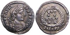 Gratian AR Siliqua. Siscia, 375-378 AD. D N GRATIANVS P F AVG, Diademed, draped and cuirassed bust right / VOT XV MVLT XX in wreath. SISCPS in exergue. RIC 19b var., C. 72. 2.21g, 18mm. FLEUR DE COIN.