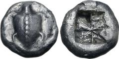 GREEK Islands off Attica, Aegina AR Stater. Circa 550-525 BC. Sea turtle, head in profile, with thin collar and row of dots down its back / Deep incuse square with proto-"Union Jack" pattern. Holloway