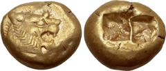 GREEK Kingdom of Lydia, Alyattes EL Trite - 1/3 Stater. Sardes, circa 600-561 BC. Head of roaring lion to right, sunburst with five rays on forehead / Two incuse square punches. GRPC Lydia G25; Weidau